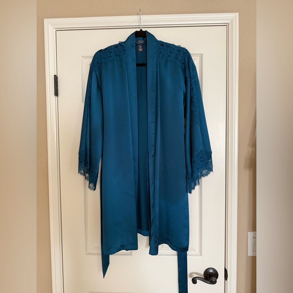 Victoria's Secret Teal Satin Robe with Lace